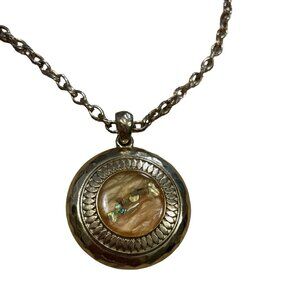 Kenneth Cole Mother Of Pearl Pink Salmon Abalone Pendant Necklace Signed